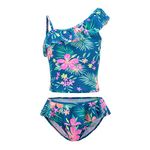 Big Girls Two Piece Bathing Suit Tankini Swimsuits Hawaiian Ruffle Swimwear Blue Size 8