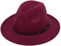 vipolish Women Classic Wide Brim Fedora Hat Belt Buckle Felt Wool Blend Panama Trilby Hat Derby Cap Wine Red