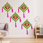 Craftox Decor Handmade, Pack of - 4, Multicolor, 15x15 Inches, Woolen Kites with Beads, Gota Chakri, Traditional Used for Home & Wedding Decor, Makar Sankranti Decoration (K0004-4)