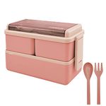 Jsdoin Bento Lunch Box Stackable,1400ml Containers with 3 Removable Compartments and Cutlery, Leak Proof 2 Layer Boxes, for Adults Kids Office Microwave Dishwasher Safe Available(pink)