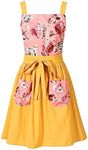 Pinknoke Vintage Pinafore Apron Dress for Women with Pockets Cute Floral Chef Aprons for Kitchen Cooking Baking Gardening, Yellow