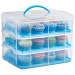 VonShef Cupcake Carrier with Handle, Blue Three Tier Stackable Cup Cake Box, 36 Muffin Cake Carrier with Airtight Snap Lid, Clear Plastic Baked Goods Container