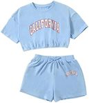 SHENHE Girl's Short Sleeve Letter Graphic 2Pcs Crop Top and Track Shorts Set Baby Blue 7Y