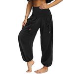 Nuofengkudu Ladies Pleated Hight Waist Trousers with Pockets Loose Retro Plain Lightweight Hippie Bloomers Harem Yoga Pants Comfy Leisure Lounge Wear Summer Holiday Streetwear Black XL