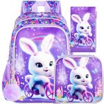 3PCS Girls Rabbit Bookbag, 16" Kids Backpackwith Lunch Box, Water Resistant School Bag for Elementary Prechool Toddler