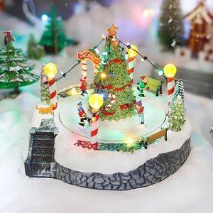 Animated Christmas Village Snowy Skating Rink Rotating Skaters Colorful LED Music