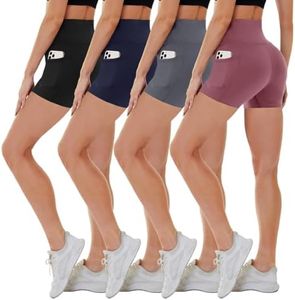 CAMPSNAIL 4 Pack Biker Shorts Women with Pockets – 5"/8" High Waist Tummy Control Workout Gym Yoga Running Compression Shorts