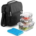 Insulated 2-Compartment Lunch Bag with Ice Pack & Glass Food Container Set, Shoulder Strap Lunch Tote for Men & Women 600D Oxford Leakproof Insulated Reusable Lunch Box (Black Melange)