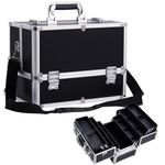 Stagiant Extra Large Makeup Case Professional Cosmetic Box Organiser Case 6 Trays with DIY Divider and Shoulder Strap (Black)