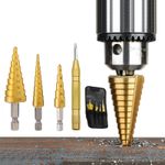 4PC Step Drill Bit Set,Titanium Coated Drill Bit, Hex Shank Quick Change Titanium Coated Drill Bits with Automatic Center Punch for Plastic, Wood, Sheet Metal, Aluminum Hole Drilling,Metric