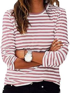 Camisetas a rayas para mujer, cuello redondo, manga larga, casual, elegante, holgada, cómoda, ligera, para otoño, para mujer, camisetas clásicas para el hogar, 3#rosa, S