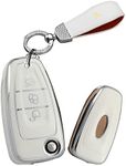 HIBEYO Flip 3 Button Key Fob Cover Compatible with Ford Focus 3 4 MK3 New Fiesta Mondeo Kuga Escape Ecosport Transit Key Case Accessories with Bling Keychains-White