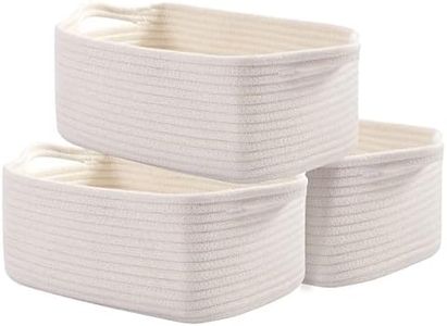 OIAHOMY Cotton Rope Baskets, Woven Baskets for Storage, Nursery Storage Baskets, Decorative Storage Bins, Rectangle Storage Basket with Handles, Storage Baskets for Shelves, Pack of 3, Pure and White