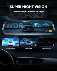 WOLFBOX 10" 4K Rear View Mirror Dash Cam – Dual Camera, WiFi, GPS, 64GB Card
