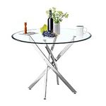 36'' Dining Table with Tempered Glass Top, Round Dininng Table for 2 or 4 with Silver Stainless Steel Legs, Modern Kitchen Table Furniture for Home Office Dining Room, Space Saving Dining Table