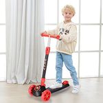 PHAT Foldable 3 Wheel Scooter for Kids Ages 3-12, Adjustable Height Kids Scooter with Light-up Wheels and Non-Slip Deck, Red (220 Lbs Weight Capacity)