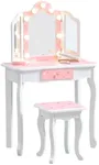 XNKL Kids Vanity Table and Chair Set, Princess Girls Vanity with 3-Color LED Lighted Mirror and Stool, Toddler Vanity Set with Drawer for Little Girls, Pink