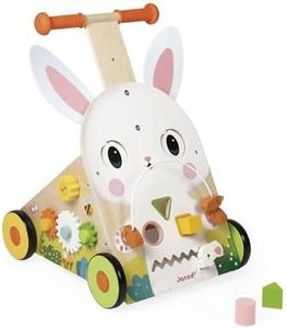 Janod - Chariot Multi-Activités Ferme - Chariot de Marche en Bois à Pousser - 9 Activités - Système Frein Breveté et Roues Silencieuses - Jouet d'Eveil pour Enfants Evolutif - Dès 12 Mois - J03326
