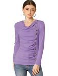 Allegra K Women's Cowl Neck Long Sleeves Buttons Decor Ruched Top Purple S-8