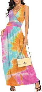 LILBETTER Women Plus Size Sleeveless Deep V Neck Loose Plain Tie Dye Long Maxi Casual Dress(Tie Dye Orange,3X-Large)