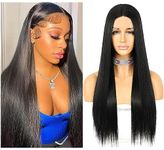 Sapphirewigs Black Long Straight Wig for Women Lace Front Wigs with Middle Part Kanekalon Futura Japanese Synthetic Wig 150% Density Heat Resistant 24inch