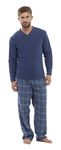 Mens Thermal Fleece Top & Flannel Check Bottoms PJ Pyjama Set Winter Nightwear (Medium, Blue Check)