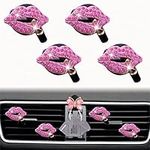 4 Pcs Bling Lip Air Vent Clips, Diamond Car Air Fresheners Vent Clips Rhinestone Car Diffuser Vent Clip Charm with Butterfly Car Adhesive Hooks Hanger and 12Pcs Unscented Refill Pads(Pink)