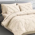 Maple&Stone King Comforter Set 7 Pieces Pinch Pleat Bed in A Bag, Cream White Comforter King Sets Pintuck with Comforter Sheets Pillowcases & Shams, Cream White for King Size Bed