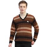 Monte Carlo Mens Brown Striped V Neck Full Sleeve Wool Blend Casual Sweater (1236046VN-3-44)