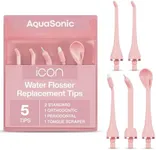 AquaSonic Icon Water Flosser Replacement Tips – 5 Tips, 4 Tip Types: Standard, Periodontal, Orthodontic & Tongue Scraper - Genuine, Authentic Parts (Blush)