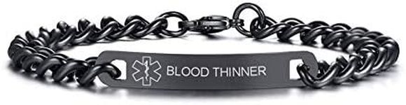 VNOX Medical Alert ID BLOOD THINNER-7MM Black Stainless Steel Thin Link Emergency Bracelet for Men,8.8"