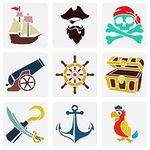 FINGERINSPIRE 9 Pcs Pirate Theme Stencil Sets 15x15cm Pirates Machetes Skeletons Stencils Plastic Steering Wheel Parrots Treasure Chest Pattern Stencil Reusable Anchors Stencils for DIY Craft Decor