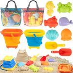 Kids Beach Sand Toys with 2 Collapsible Beach Sand Buckets, Big Size Sand Molds, 2 Mesh Shell Bags, Shovels Set Travel Sandbox Toys for Toddler Ages 3-10