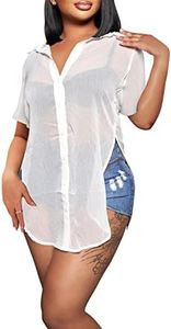 Womens Sheer Button Up Blouse Sexy Long Sleeve Mesh See Through Shirts Tops, Short White, XX-Large