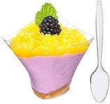 DLux 50 x 5 oz Mini Dessert Cups with Spoons, Large Swirl - Clear Plastic Parfait Appetizer Cup - Small Reusable Serving Bowl for Tasting Party Desserts Appetizers - with Recipe Ebook