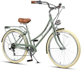AVASTA 26 Inch Hybrid Bike, Lightweight Step-Through Hi-Ten Steel Frame for City Commuting, 6 Speed Comfort Bicycle with Light in Elegant Green with Stylish Beige Tires for Woman Female
