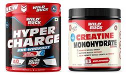 WILD BUCK Hyper Charge Pre-X4 Hardcore Pre-Workout Supplement Powder For Men & Women [40 Serv, Watermelon] + Creatine Monohydrate Powder,Recovery [33 Servings,Unflavoured]