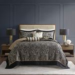Madison Park Aubrey Reversible Quilted Bedspread Set, Solid Reverse Summer Breathable, Lightweight All Season Bedding Layer, Matching Shams, Bedspread King(120"x118"), Black 5 Piece