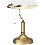 HOMCOM Banker's Table Lamp Desk Lamp with Antique Bronze Tone Base, White Glass Shade and Pull Rope Switch for Home Office, Living Room, Bedroom, Dining Room, White