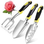 Garden Tool Set 3 Piece Aluminum Gardening Tools Kit with Rake,Shovel&Graduated shovel .Garden Trowel & Hand Wide Shovel Pointed with Soft Rubberized Non-Slip Ergonomic Handle for Planting(Yellow)