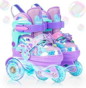 Mermaid Toddlers Roller Skates for Girls Kids Ages 5-8 8-12, Mosoulais 4 Size Adjustable Three-Point Light up Wheels Skates, Beginner Rollerskates for Xmas Birthday Gifts, Patines para Niñas Niños