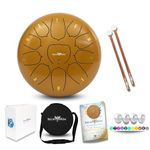 The Balmy Drum - 11 Note 10 Inch Steel Tongue Drum, Steel Drum Instrument, Drums For Adults, Balmy Drum Set for Kids with Music Book, Handpan Drum, Mallet and Carry Bag - Tongue Drum (Gold)