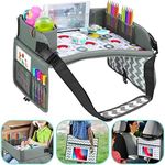 Kids Travel Tray - Car Seat Tray or Table as Road Trip Essentials – Children Kids Lap Desk as Travel Accessories for Toddler Airplane Travel Activity, Snack with Storage Pockets & Dry Erase Board