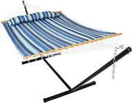 Sunnydaze Quilted Double Hammock with 12-Foot Stand and Pillow - 350-Pound Capacity - Black Stand - Misty Beach