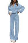 BTFBM Women's Two Piece Tracksuit Fall 2024 Long Sleeve Zip Up Sweatshirt Long Pants Outfits Jogger Sweatsuit Sets, Solid Blue, Small