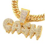 Mens Womens Iced Out CASH Pendant Necklace Pave Rhinestones, Gold Color, Bling Bling Rapper Jewelry