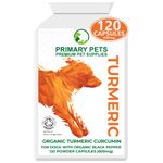 Primary Pets Premium Pet Supplies - Organic Turmeric for Dogs, 120 x 600mg Capsules, Curcumin Antioxidant Hip and Joint Aid Supplement with Active Black Pepper