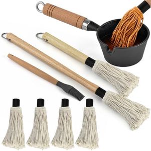 BBQ Mop Brush and Cast Iron Sauce Pot Set, 8Pcs Barbecue Accessories Include Basting Melting Pot, 2 Size Wooden Handle Sauce Mops with 4Pcs Replacements and Oil Brush for Meat Smoker, Grill, Stove