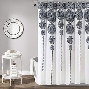 Lush Decor Stripe Medallion Shower Curtain-Fabric Mandala Bohemian Damask Print Design, 72" x 72", Navy