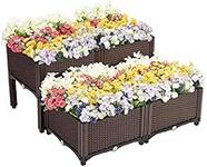 Taylor & Brown Set Of 4 Elevated Plastic Raised Garden Bed Planter Box Kit Rattan Effect For Flower Vegetable Herbs With Water Design & Drainage Holes - Brown